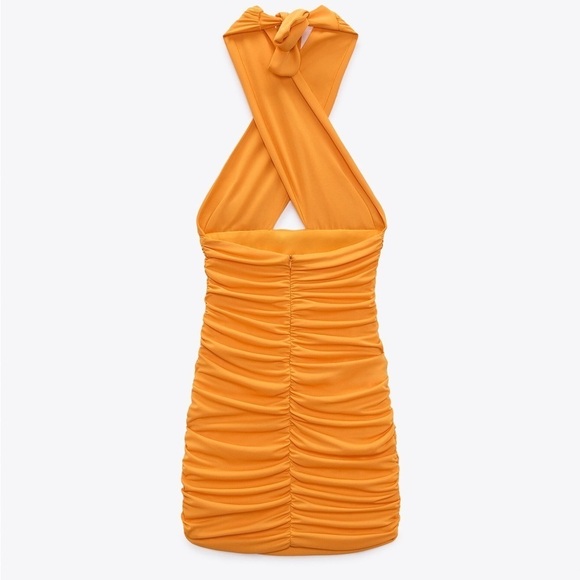 ZARA Orange Halter Ruched Mini Dress - Picture 2 of 13